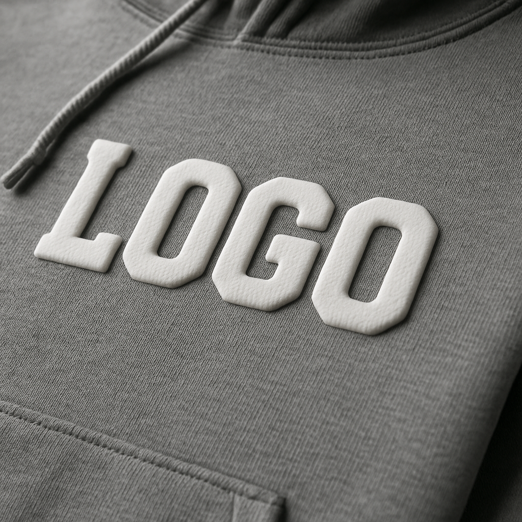 Professional HTV puff application on hoodie with raised texture